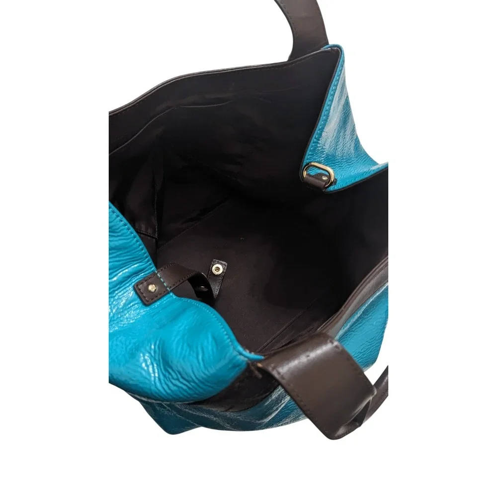 Kate Spade New York Teal Blue Crinkled Patent Leather‎ Brown Trim Tote Bag